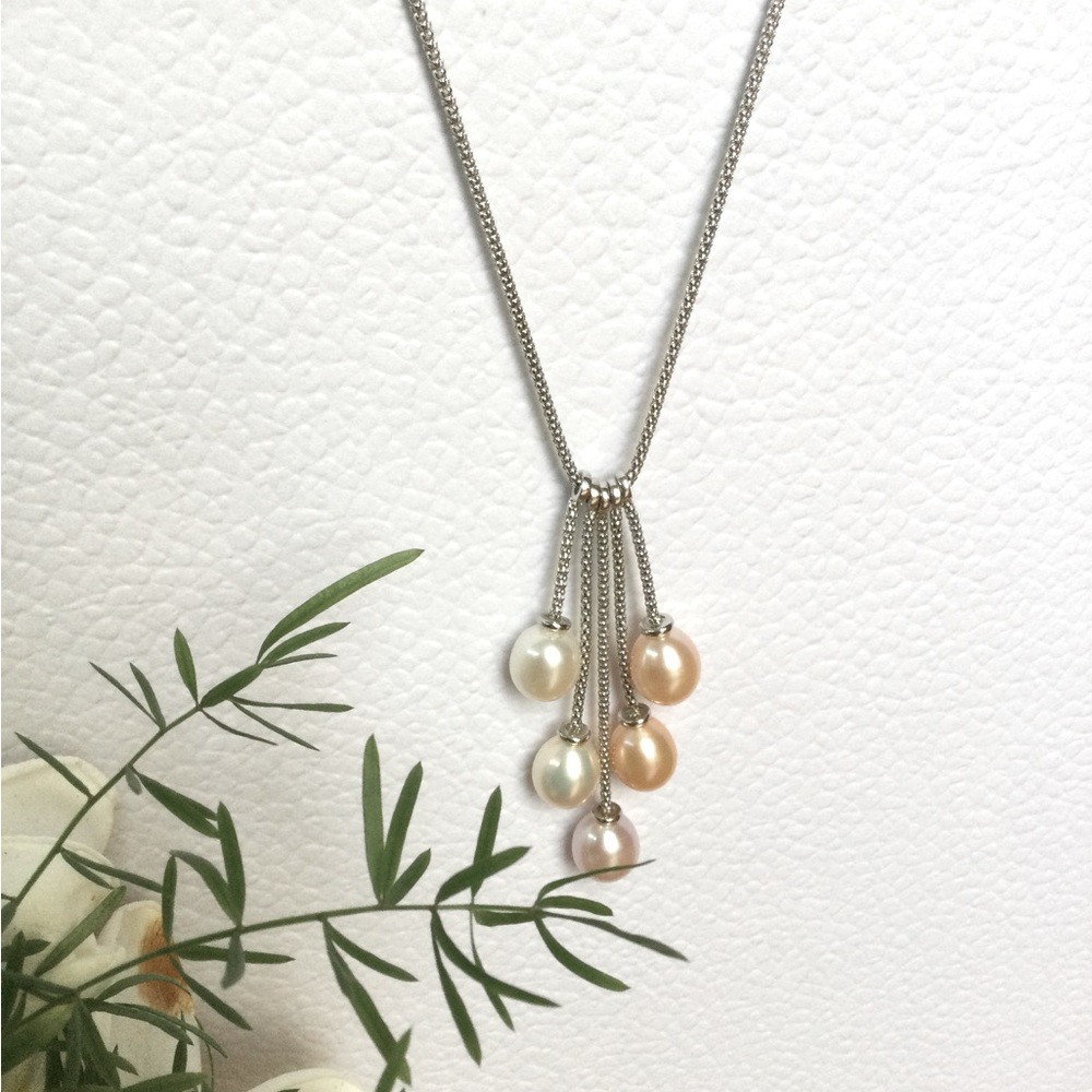 925/14kw overlay on chain with 5 Multi Color Fresh Water Pearls necklace.
